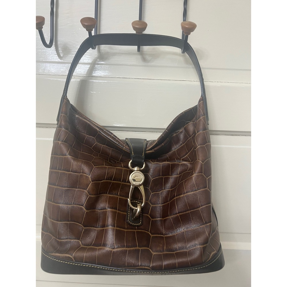 Dooney & Bourke Brown Croc Embossed Leather Hobo Bag Silver Duck Clasp
